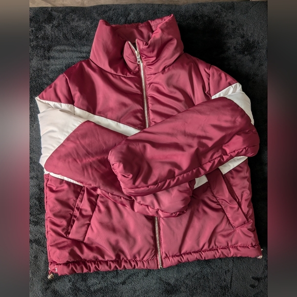 Burgundy White Chevron Colorblock Puffer Jacket Sz M Retro Sport Apres Ski - Picture 14 of 15